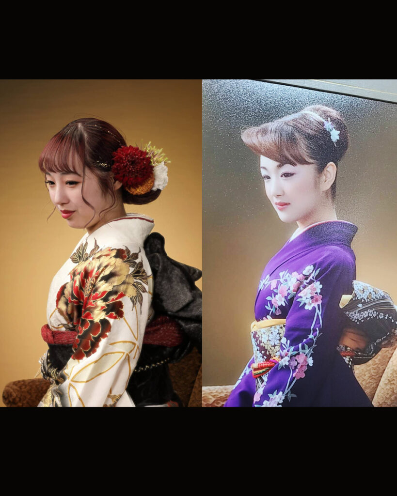 成人式の記念に振袖を着た写真。